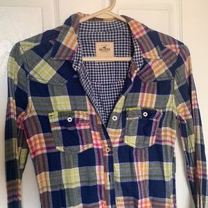❤️ GUC Hollister Navy Pink Yellow Plaid Cotton Flannel XS